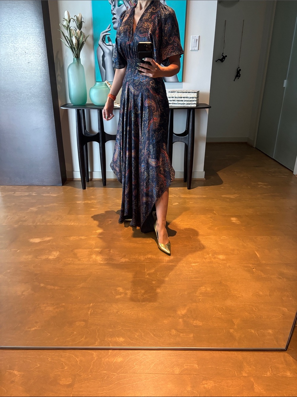 Maje Navy High-Low Dress with Rust and Gold Print